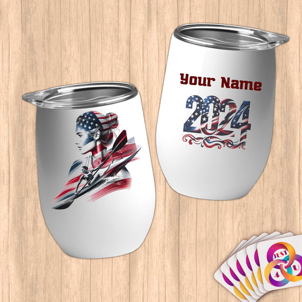 Physical Item 12 oz / White Rowing Kayak ~ Limited Edition 2024 "USA Excellence" ~ Customizable 12oz Wine Tumbler with Lid