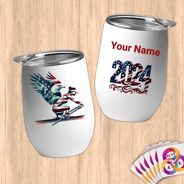 Physical Item 12 oz / White Rowing Stripes~Limited Edition 2024 "USA Excellence" ~ Customizable 12oz Wine Tumbler with Lid