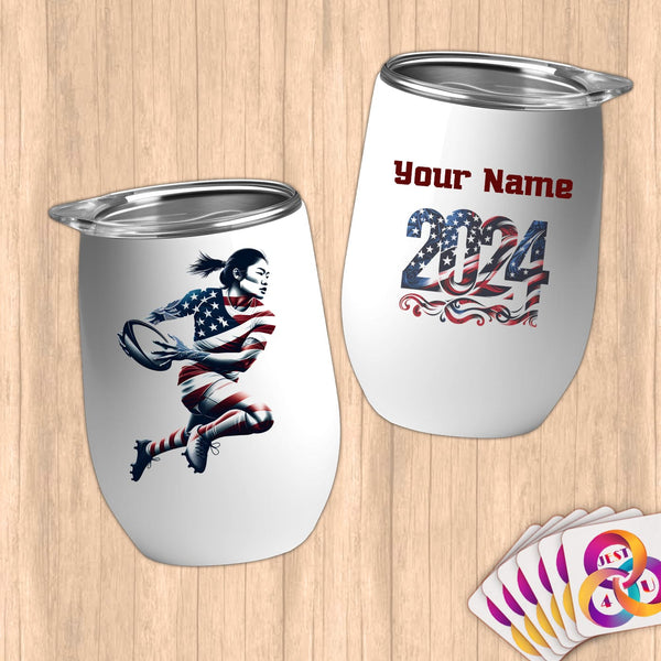 Physical Item 12 oz / White Rugby Freedom ~ Limited Edition 2024 "USA Excellence" ~ Customizable 12oz Wine Tumbler with Lid