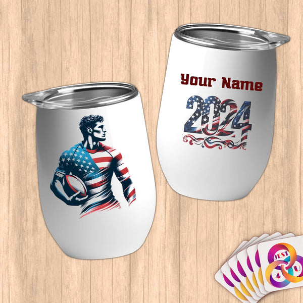 Physical Item 12 oz / White Rugby Hero ~ Limited Edition 2024 "USA Excellence" ~ Customizable 12oz Wine Tumbler with Lid