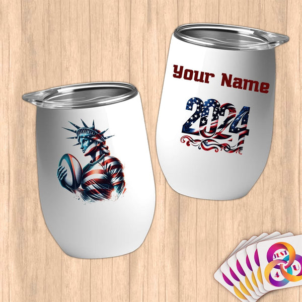 Physical Item 12 oz / White Rugby Liberty ~ Limited Edition 2024 "USA Excellence" ~ Customizable 12oz Wine Tumbler with Lid