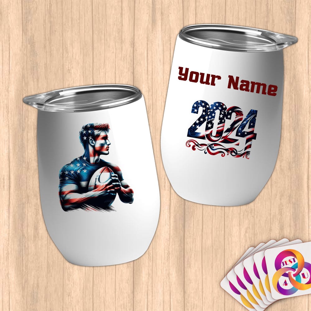 Physical Item 12 oz / White Rugby Pride ~ Limited Edition 2024 "USA Excellence" ~ Customizable 12oz Wine Tumbler with Lid