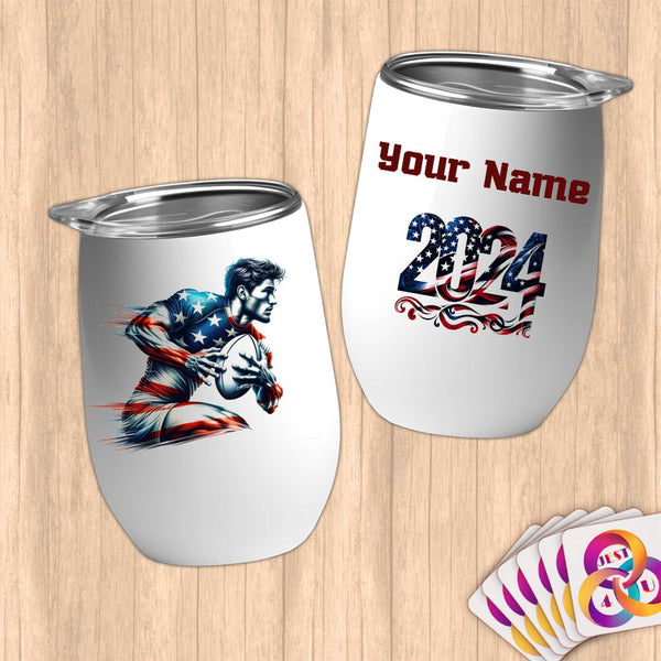 Physical Item 12 oz / White Rugby Sensation ~ Limited Edition 2024 "USA Excellence" ~ Customizable 12oz Wine Tumbler with Lid