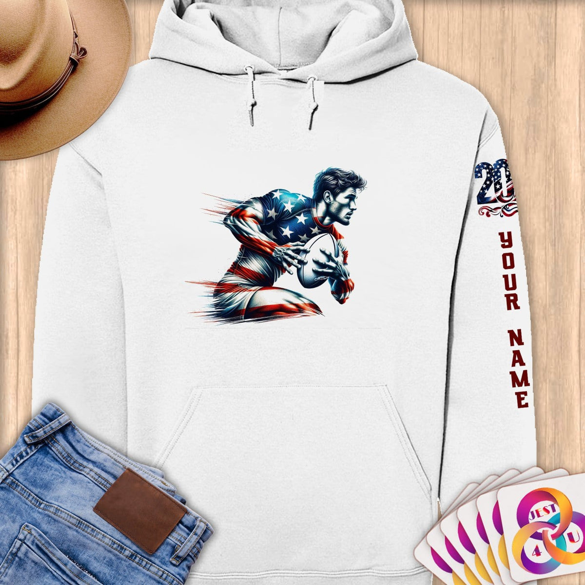 Physical Item S / White Rugby Sensation ~ Limited Edition 2024 "USA Excellence" ~ Personalized Premium Hoodie