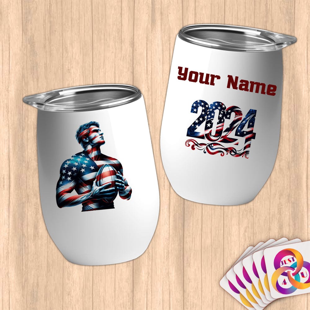 Physical Item 12 oz / White Rugby Stars ~ Limited Edition 2024 "USA Excellence" ~ Customizable 12oz Wine Tumbler with Lid