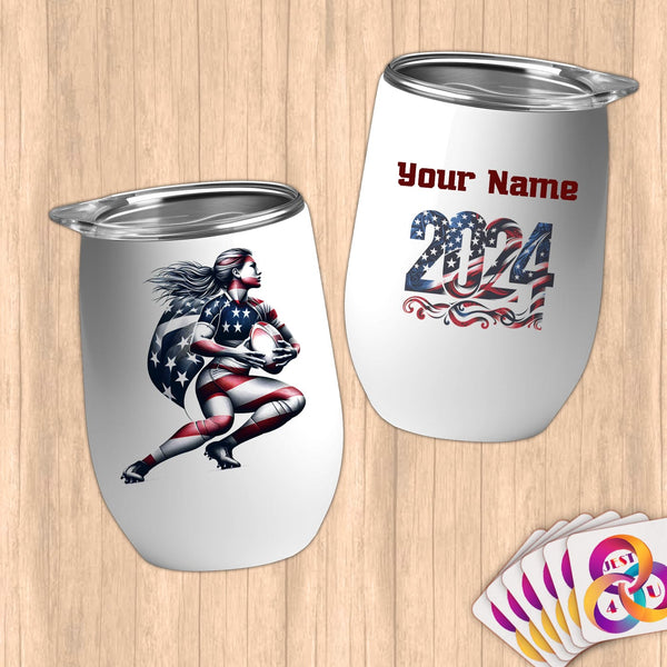Physical Item 12 oz / White Rugby Wings ~ Limited Edition 2024 "USA Excellence" ~ Customizable 12oz Wine Tumbler with Lid