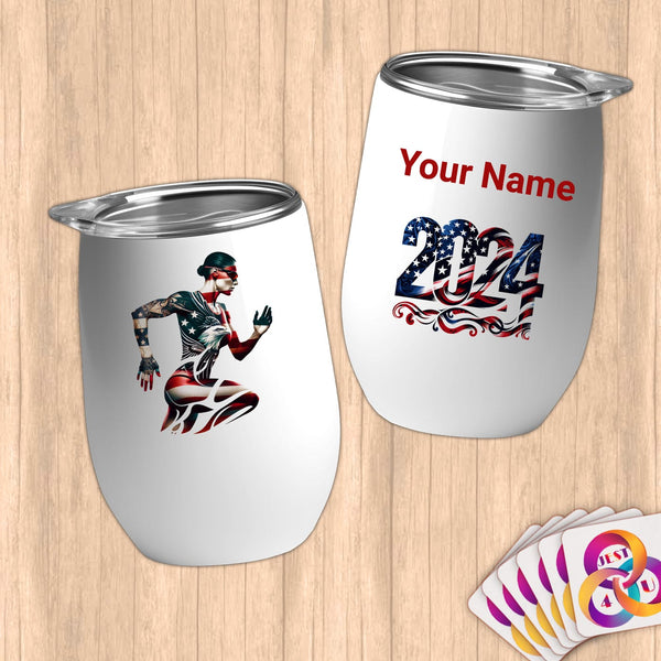 Physical Item 12 oz / White Running Dance~Limited Edition 2024 "USA Excellence" ~ Customizable 12oz Wine Tumbler with Lid