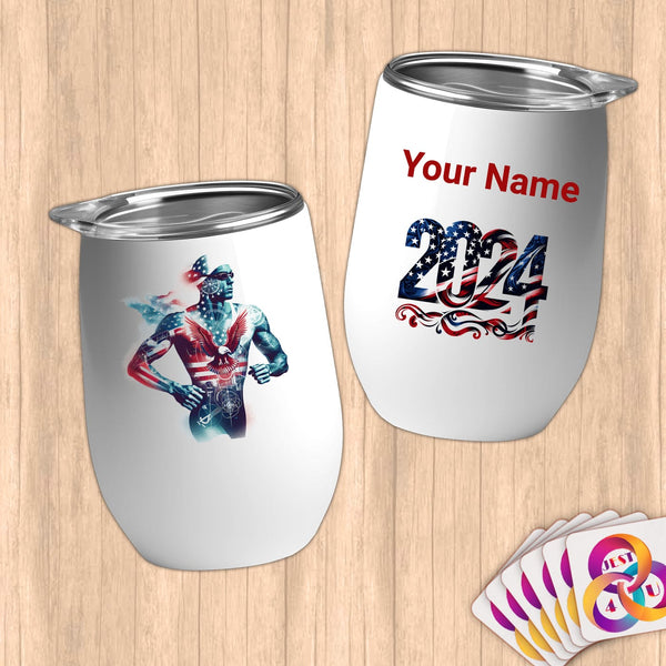 Physical Item 12 oz / White Running Hero~Limited Edition 2024 "USA Excellence" ~ Customizable 12oz Wine Tumbler with Lid
