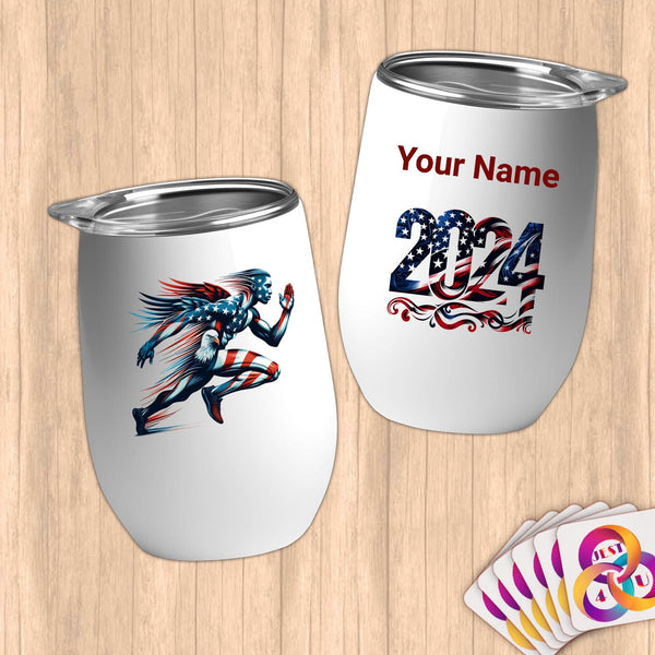 Physical Item 12 oz / White Running Patriot Eagle~Limited Edition 2024 "USA Excellence" ~ Customizable 12oz Wine Tumbler with Lid