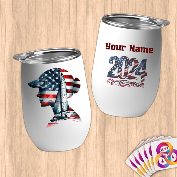 Physical Item 12 oz / White Sailing Bliss ~ Limited Edition 2024 "USA Excellence" ~ Customizable 12oz Wine Tumbler with Lid