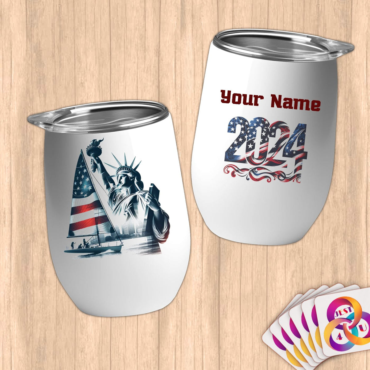 Physical Item 12 oz / White Sailing Liberty ~ Limited Edition 2024 "USA Excellence" ~ Customizable 12oz Wine Tumbler with Lid