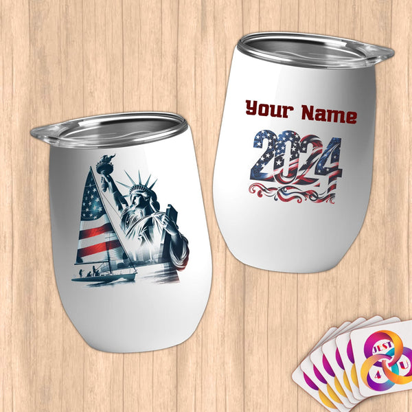 Physical Item 12 oz / White Sailing Liberty ~ Limited Edition 2024 "USA Excellence" ~ Customizable 12oz Wine Tumbler with Lid