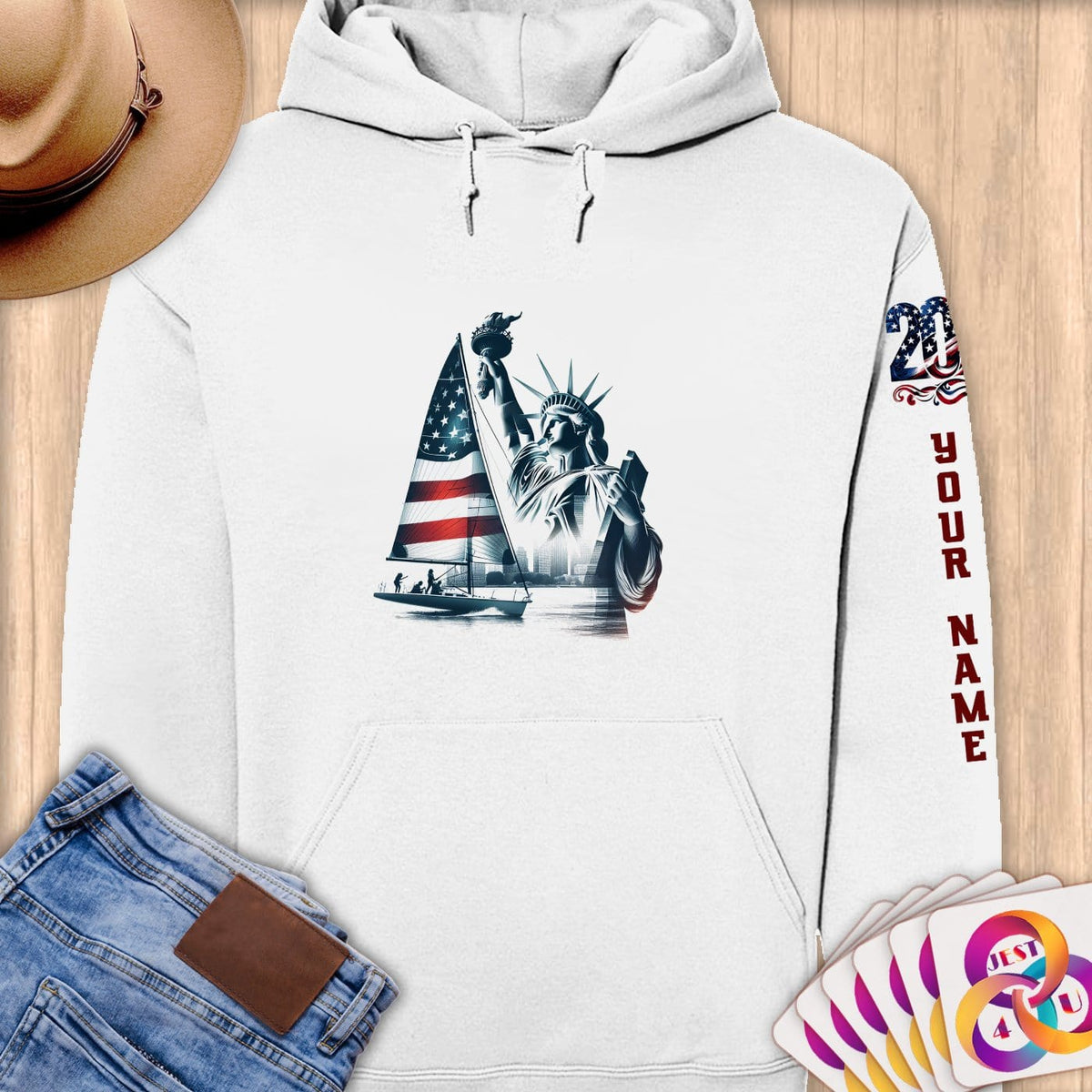 Physical Item S / White Sailing Liberty ~ Limited Edition 2024 "USA Excellence" ~ Personalized Premium Hoodie
