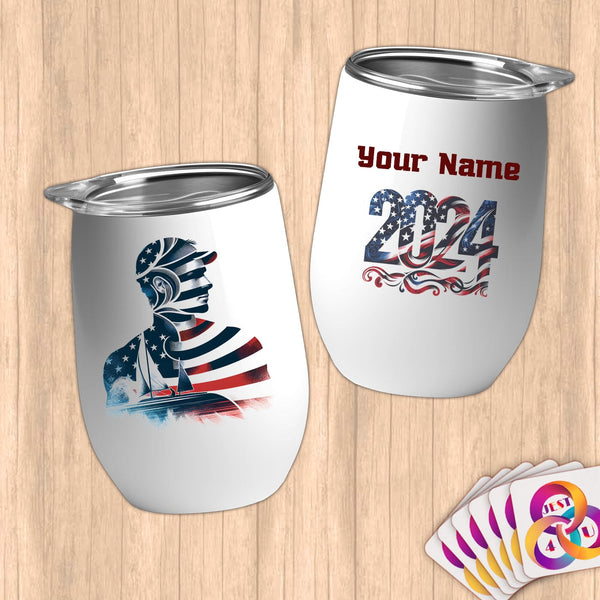 Physical Item 12 oz / White Sailing Patriot ~ Limited Edition 2024 "USA Excellence" ~ Customizable 12oz Wine Tumbler with Lid