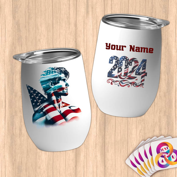 Physical Item 12 oz / White Sailing Wings ~ Limited Edition 2024 "USA Excellence" ~ Customizable 12oz Wine Tumbler with Lid