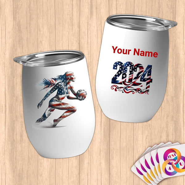Physical Item 12 oz / White Sandy Volley Stripes ~Limited Edition 2024 "USA Excellence" ~ Customizable 12oz Wine Tumbler with Lid