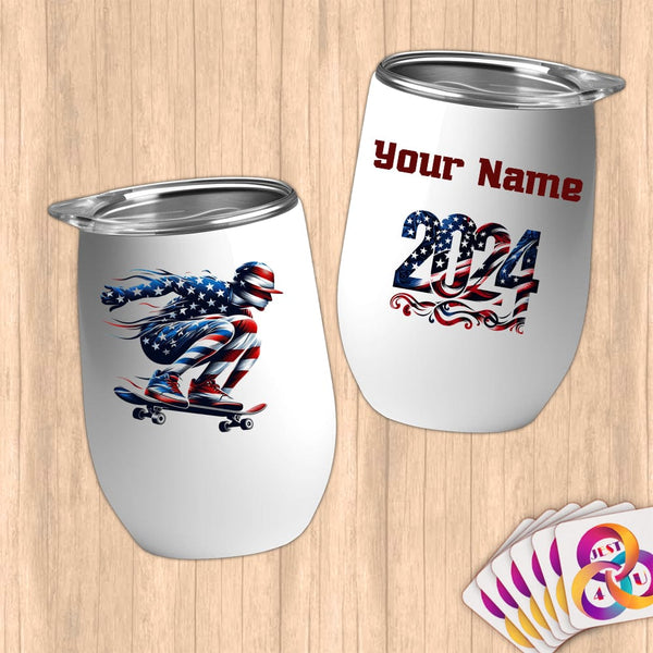 Physical Item 12 oz / White Skateboarder Pride ~ Limited Edition 2024 "USA Excellence" ~ Customizable 12oz Wine Tumbler with Lid