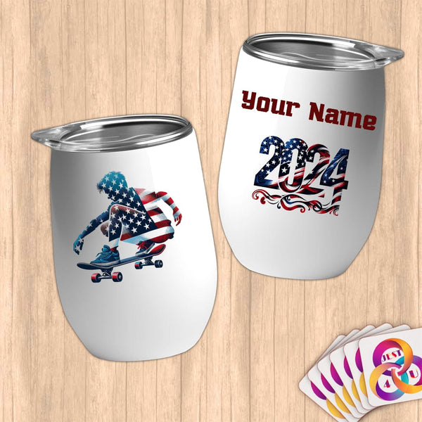 Physical Item 12 oz / White Skateboarding Dreamer ~ Limited Edition 2024 "USA Excellence" ~ Customizable 12oz Wine Tumbler with Lid