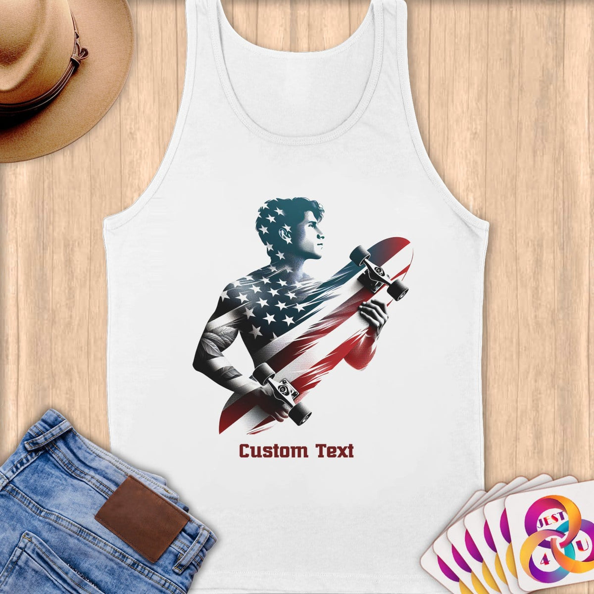 Physical Item S / White Skateboarding Flag ~ Limited Edition 2024 "USA Excellence" ~ Customizable Supersoft Tank Top