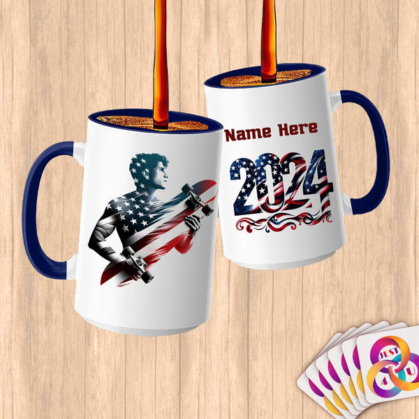 Physical Item 15oz / Blue Skateboarding Flag ~ Limited Edition 2024 "USA Excellence" ~ Customized Large 15oz Mug