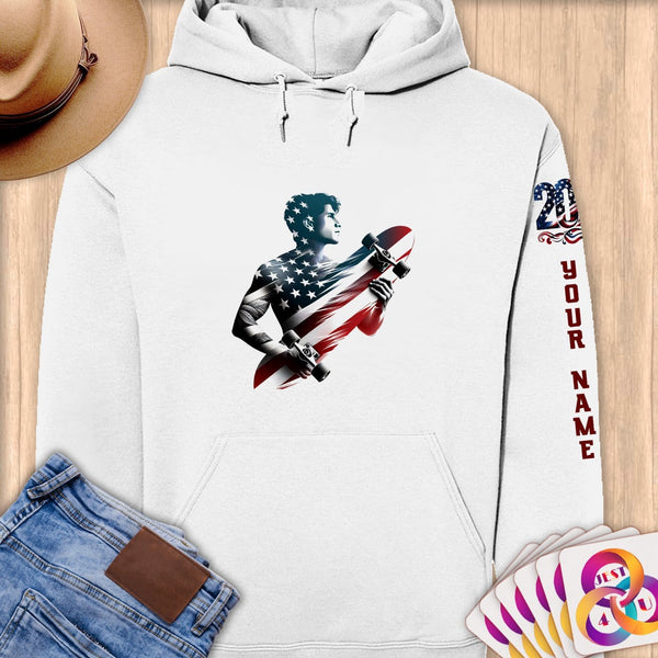 Physical Item S / White Skateboarding Flag ~ Limited Edition 2024 "USA Excellence" ~ Personalized Premium Hoodie