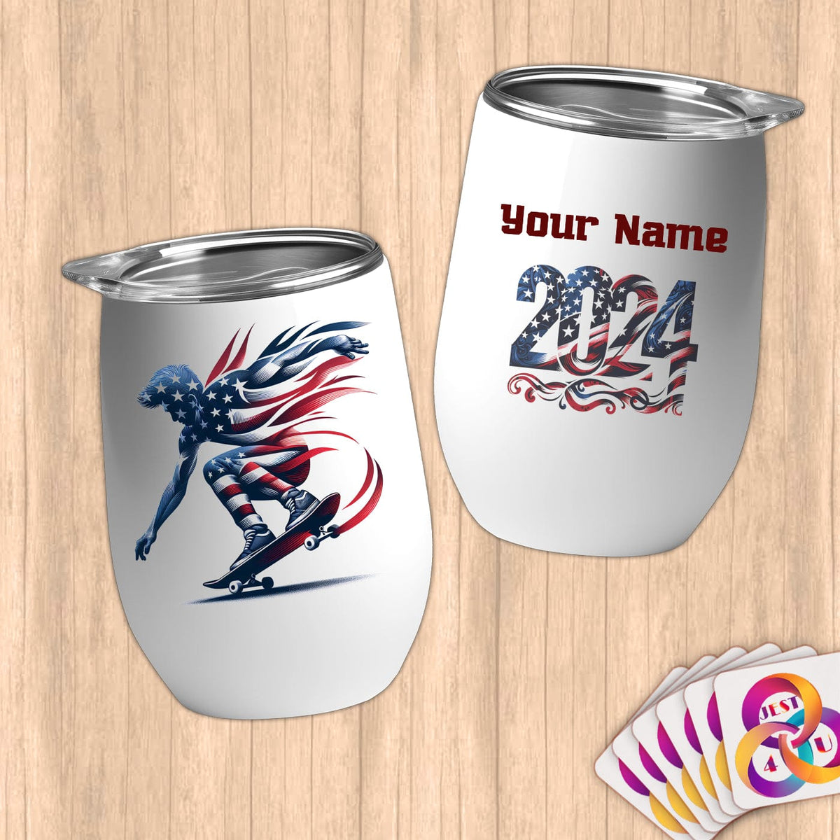 Physical Item 12 oz / White Skateboarding Flames ~ Limited Edition 2024 "USA Excellence" ~ Customizable 12oz Wine Tumbler with Lid