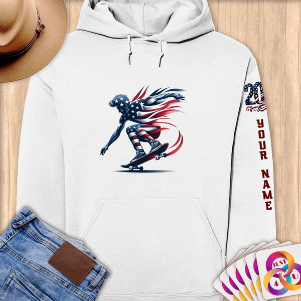 Physical Item S / White Skateboarding Flames ~ Limited Edition 2024 "USA Excellence" ~ Personalized Premium Hoodie