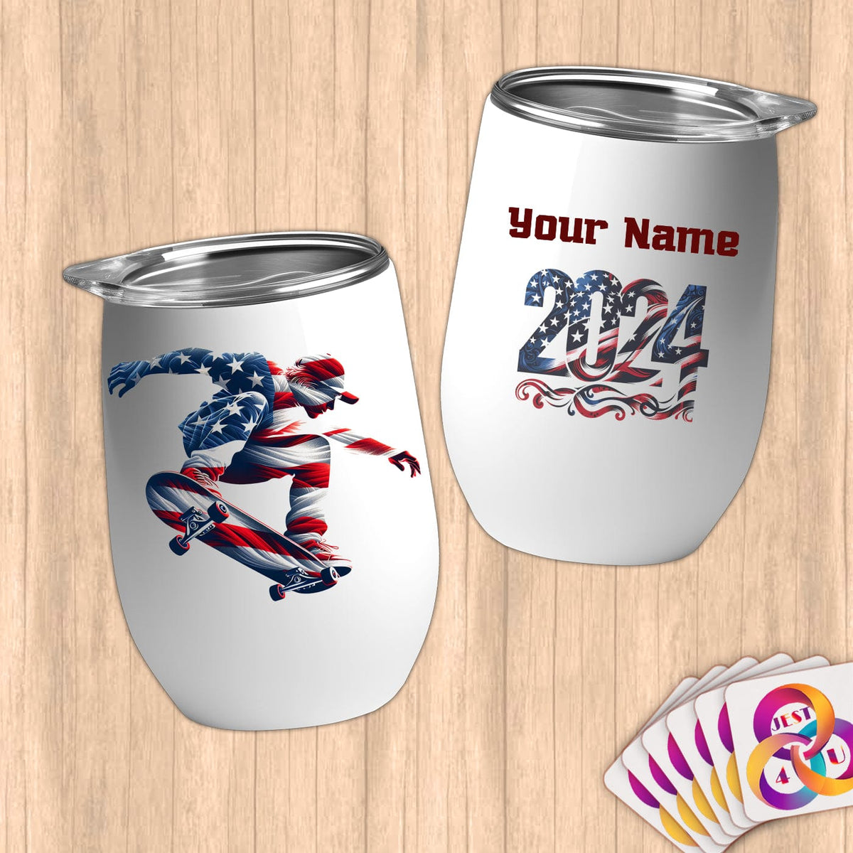 Physical Item 12 oz / White Skateboarding Flight ~ Limited Edition 2024 "USA Excellence" ~ Customizable 12oz Wine Tumbler with Lid
