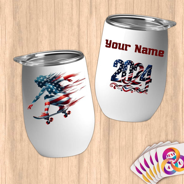 Physical Item 12 oz / White Skateboarding Sensation ~ Limited Edition 2024 "USA Excellence" ~ Customizable 12oz Wine Tumbler with Lid