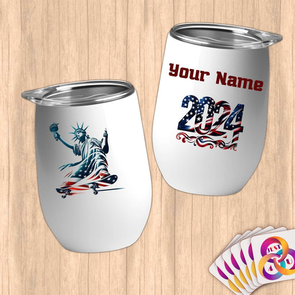 Physical Item 12 oz / White Skater Glow Liberty ~ Limited Edition 2024 "USA Excellence" ~ Customizable 12oz Wine Tumbler with Lid