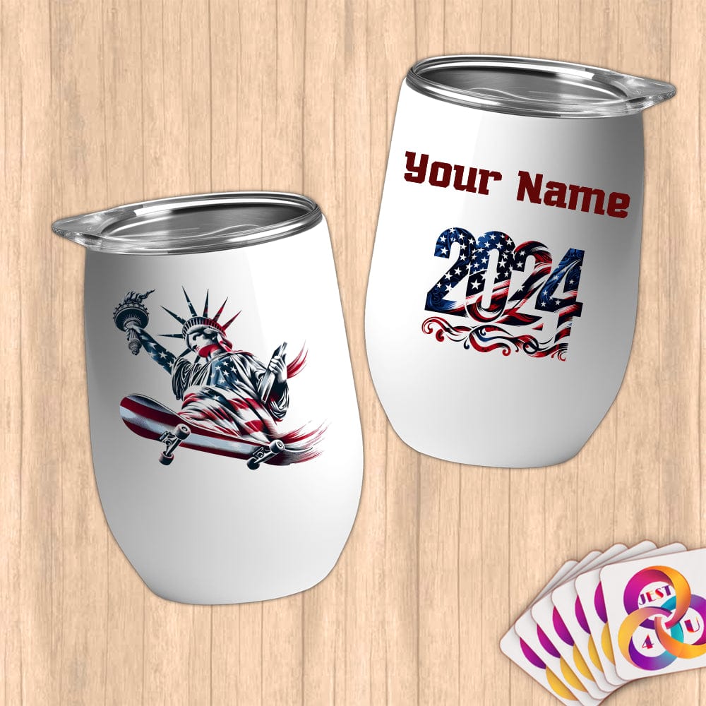 Physical Item 12 oz / White Skater Pride LIberty ~ Limited Edition 2024 "USA Excellence" ~ Customizable 12oz Wine Tumbler with Lid