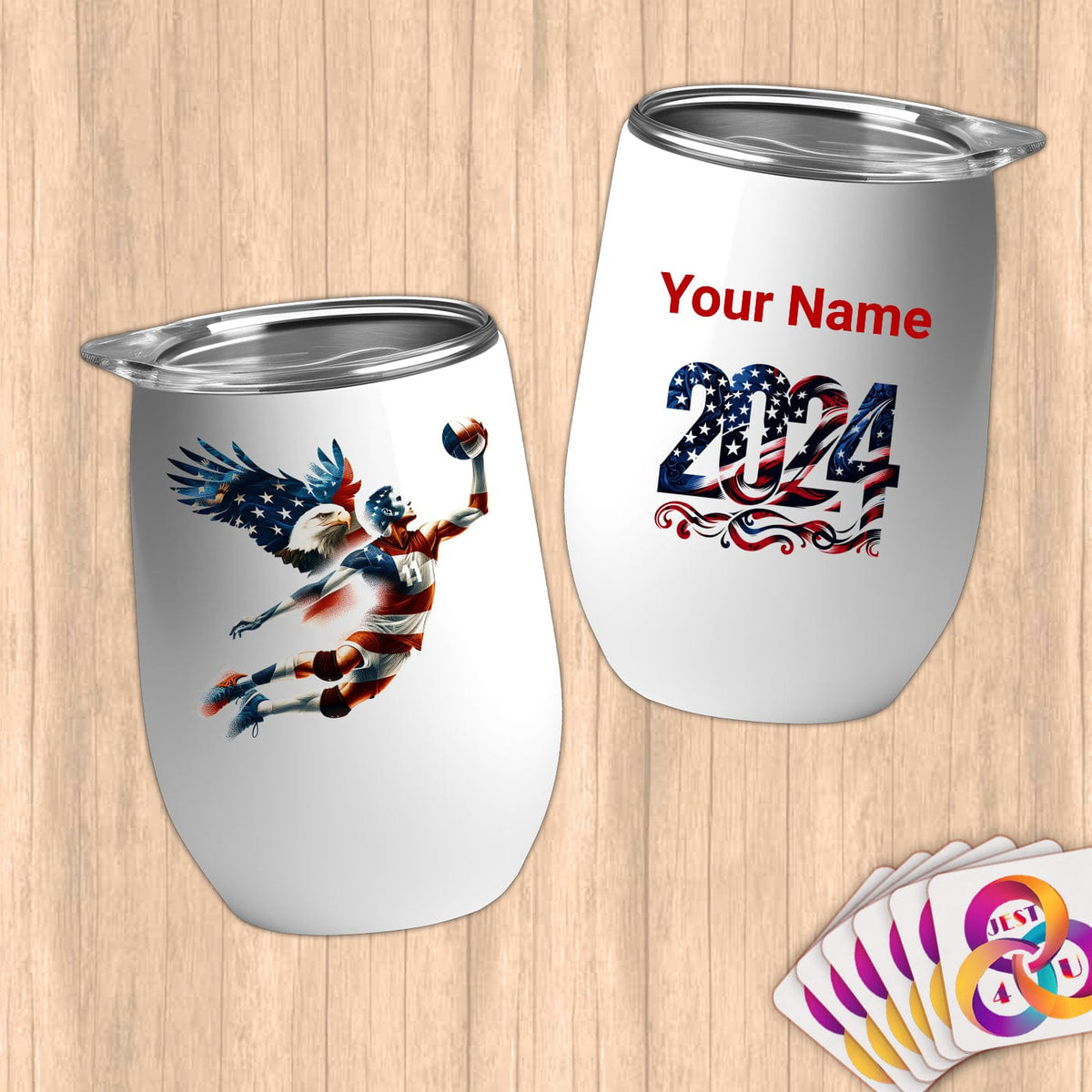 Physical Item 12 oz / White Soaring Eagle Volleyball ~Limited Edition 2024 "USA Excellence" ~ Customizable 12oz Wine Tumbler with Lid