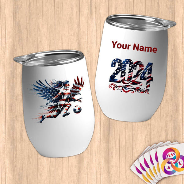 Physical Item 12 oz / White Soccer Eagle Girl~Limited Edition 2024 "USA Excellence" ~ Customizable 12oz Wine Tumbler with Lid