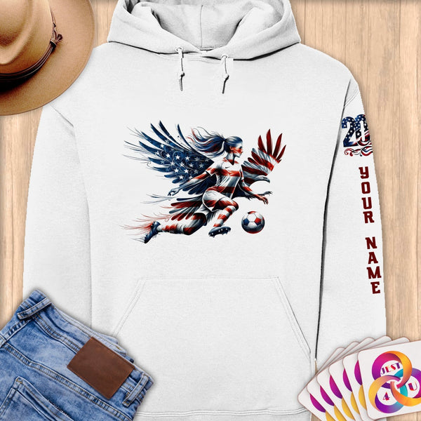 Physical Item S / White Soccer Eagle Girl~Limited Edition 2024 "USA Excellence" ~ Personalized Premium Hoodie