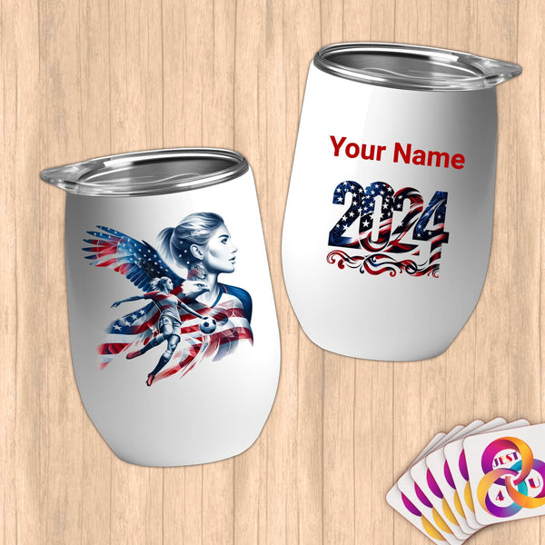 Physical Item 12 oz / White Soccer Eagle ~Limited Edition 2024 "USA Excellence" ~ Customizable 12oz Wine Tumbler with Lid