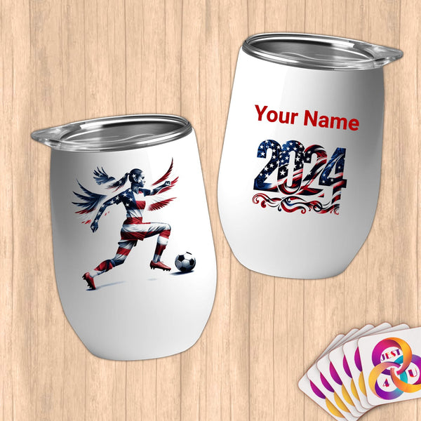 Physical Item 12 oz / White Soccer Star Wings ~Limited Edition 2024 "USA Excellence" ~ Customizable 12oz Wine Tumbler with Lid