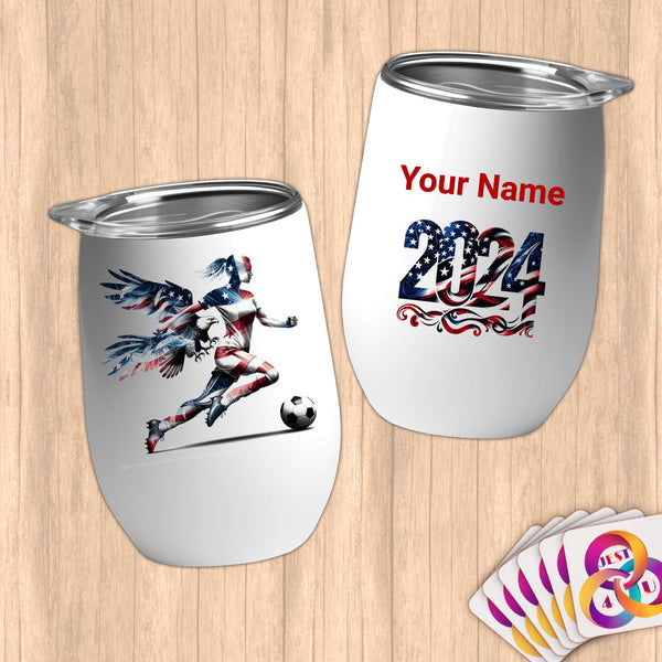 Physical Item 12 oz / White Soccer Wings ~Limited Edition 2024 "USA Excellence" ~ Customizable 12oz Wine Tumbler with Lid