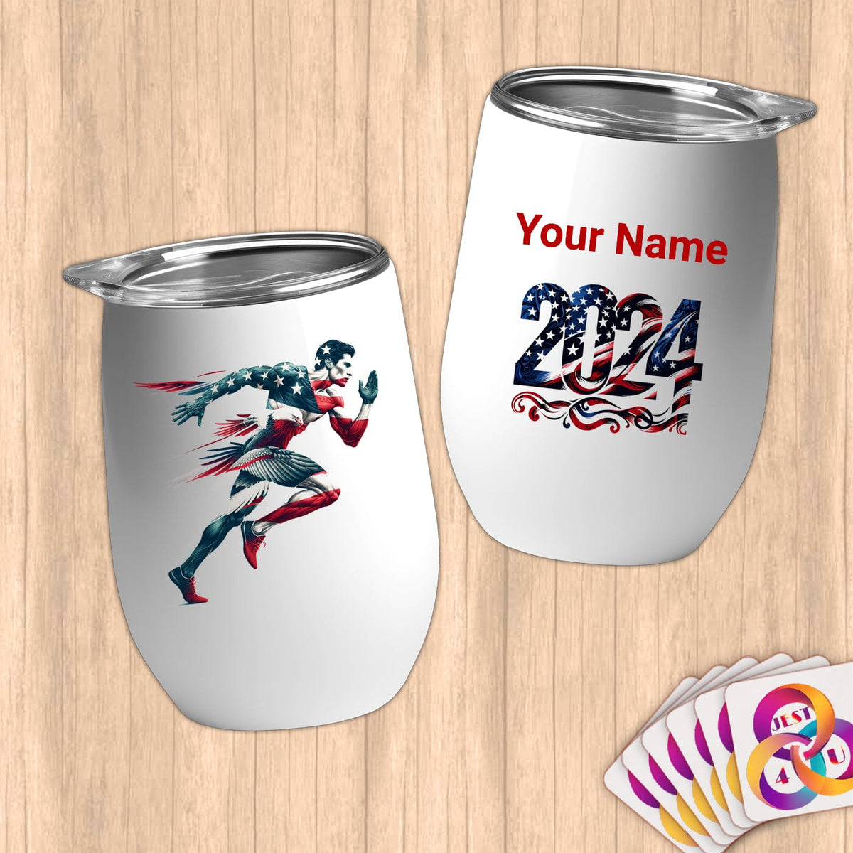 Physical Item 12 oz / White Speed Patriotic Runner ~Limited Edition 2024 "USA Excellence" ~ Customizable 12oz Wine Tumbler with Lid