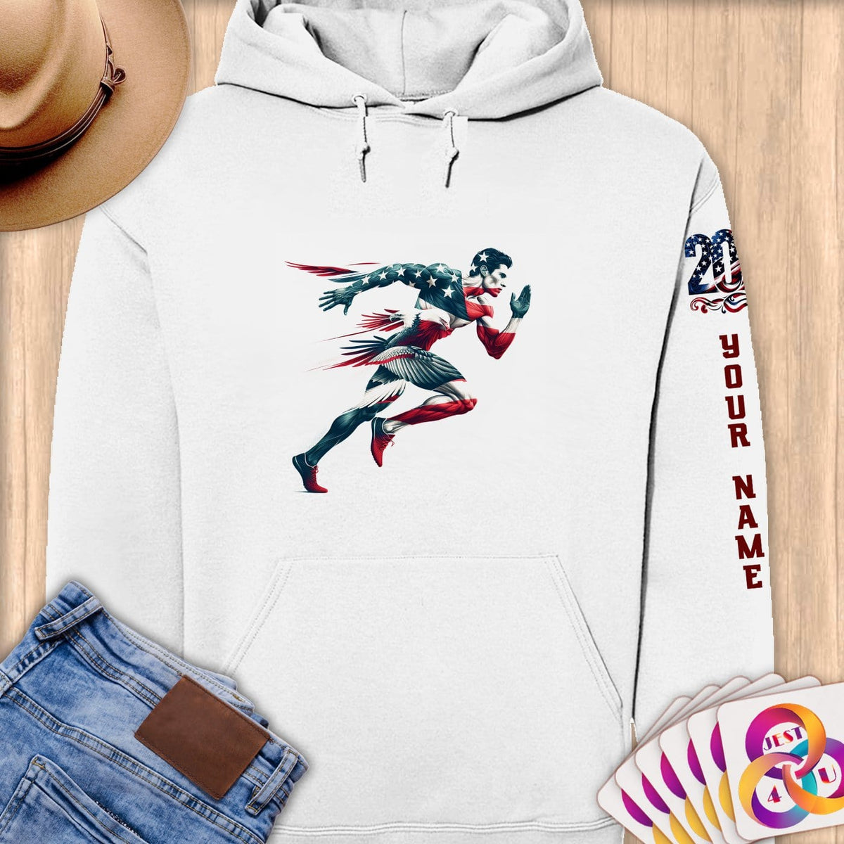 Physical Item S / White Speed Patriotic Runner ~Limited Edition 2024 "USA Excellence" ~ Personalized Premium Hoodie