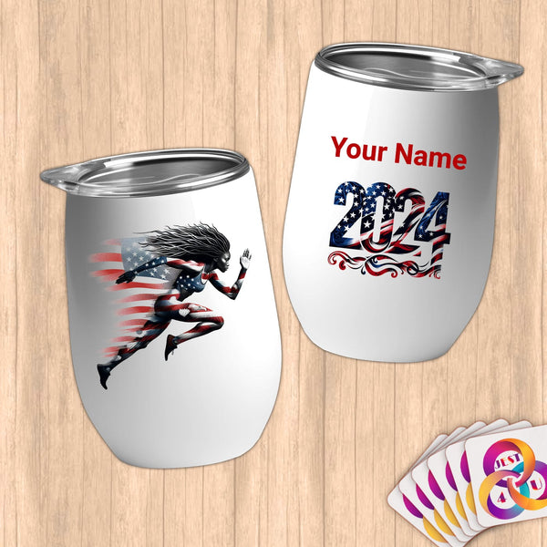 Physical Item 12 oz / White Speed Stars and Stripes ~Limited Edition 2024 "USA Excellence" ~ Customizable 12oz Wine Tumbler with Lid
