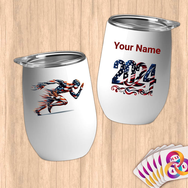 Physical Item 12 oz / White SpeedRacer Patriotic~Limited Edition 2024 "USA Excellence" ~ Customizable 12oz Wine Tumbler with Lid
