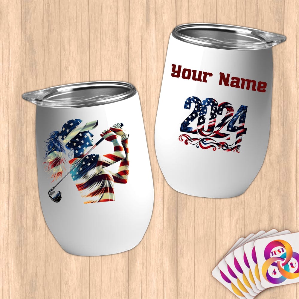 Physical Item 12 oz / White Star-Spangled Golfer ~ Limited Edition 2024 "USA Excellence" ~ Customizable 12oz Wine Tumbler with Lid