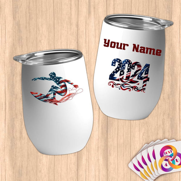 Physical Item 12 oz / White Star Spangled Surfer ~ Limited Edition 2024 "USA Excellence" ~ Customizable 12oz Wine Tumbler with Lid