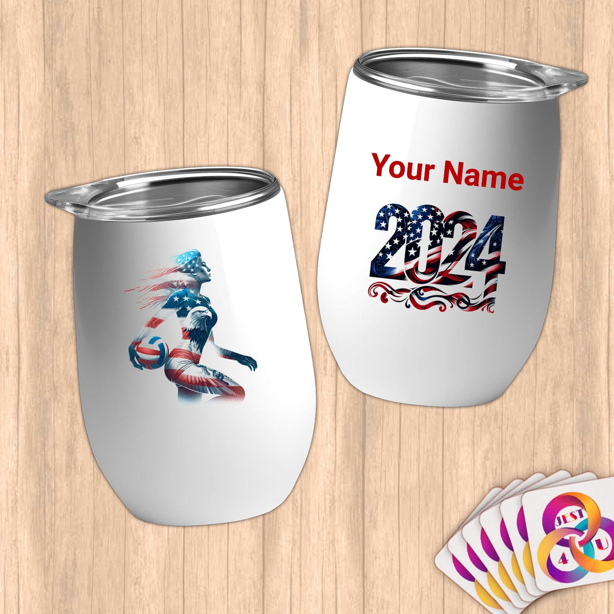 Physical Item 12 oz / White Star-Spangled Volley ~Limited Edition 2024 "USA Excellence" ~ Customizable 12oz Wine Tumbler with Lid