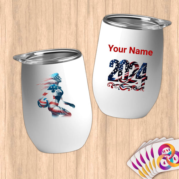 Physical Item 12 oz / White Star-Spangled Volley ~Limited Edition 2024 "USA Excellence" ~ Customizable 12oz Wine Tumbler with Lid