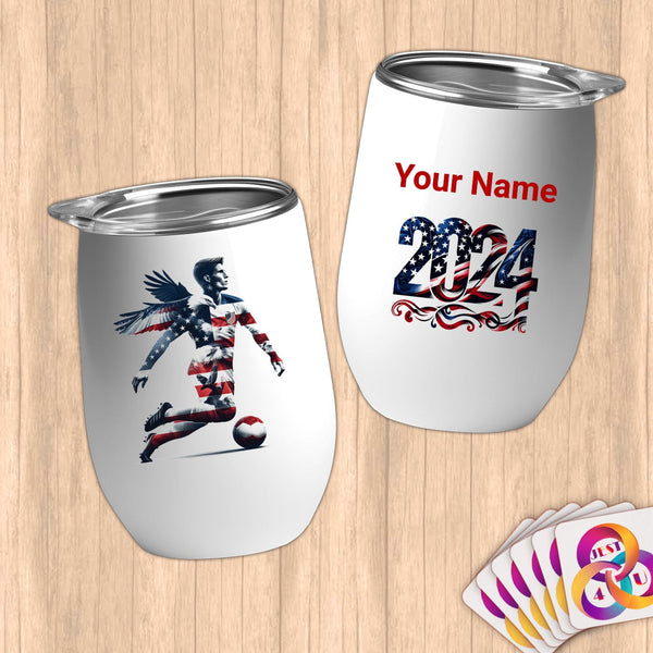 Physical Item 12 oz / White Stars and Striped Soccer ~Limited Edition 2024 "USA Excellence" ~ Customizable 12oz Wine Tumbler with Lid