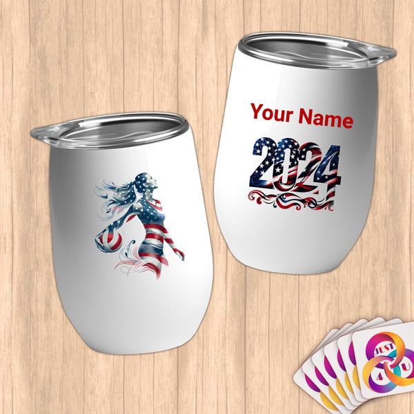 Physical Item 12 oz / White Stars and Stripes Sand Volleyball ~Limited Edition 2024 "USA Excellence" ~ Customizable 12oz Wine Tumbler with Lid