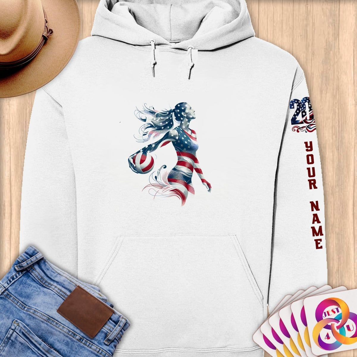 Physical Item S / White Stars and Stripes Sand Volleyball ~Limited Edition 2024 "USA Excellence" ~ Personalized Premium Hoodie