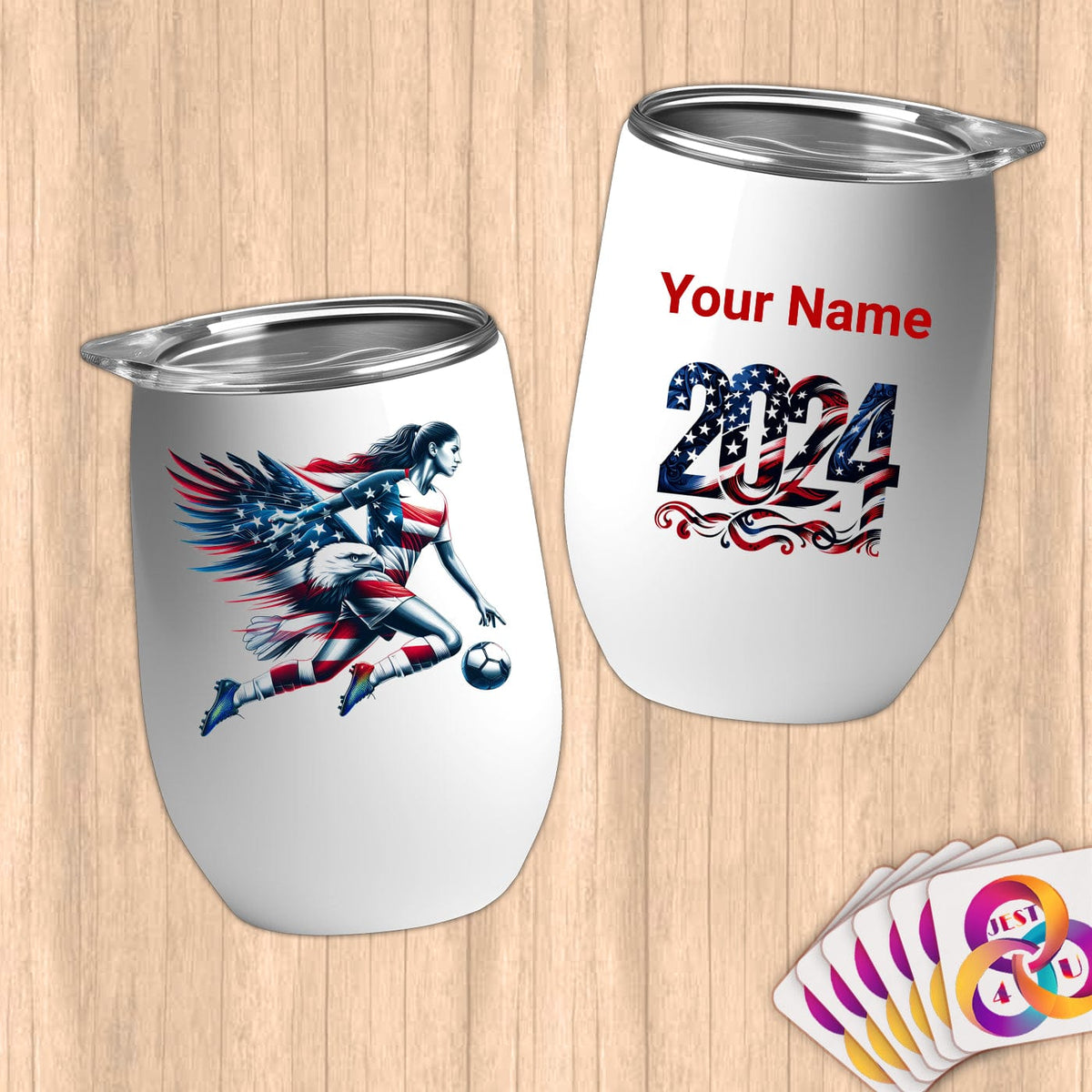 Physical Item 12 oz / White Stars Stripes Eagle Soccer Goals ~Limited Edition 2024 "USA Excellence" ~ Customizable 12oz Wine Tumbler with Lid