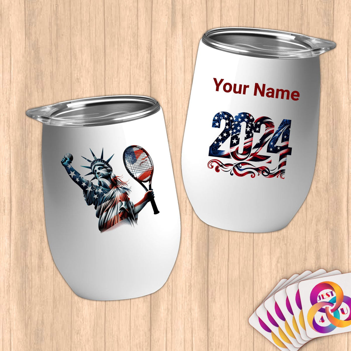 Physical Item 12 oz / White Statue Liberty Tennis~Limited Edition 2024 "USA Excellence" ~ Customizable 12oz Wine Tumbler with Lid
